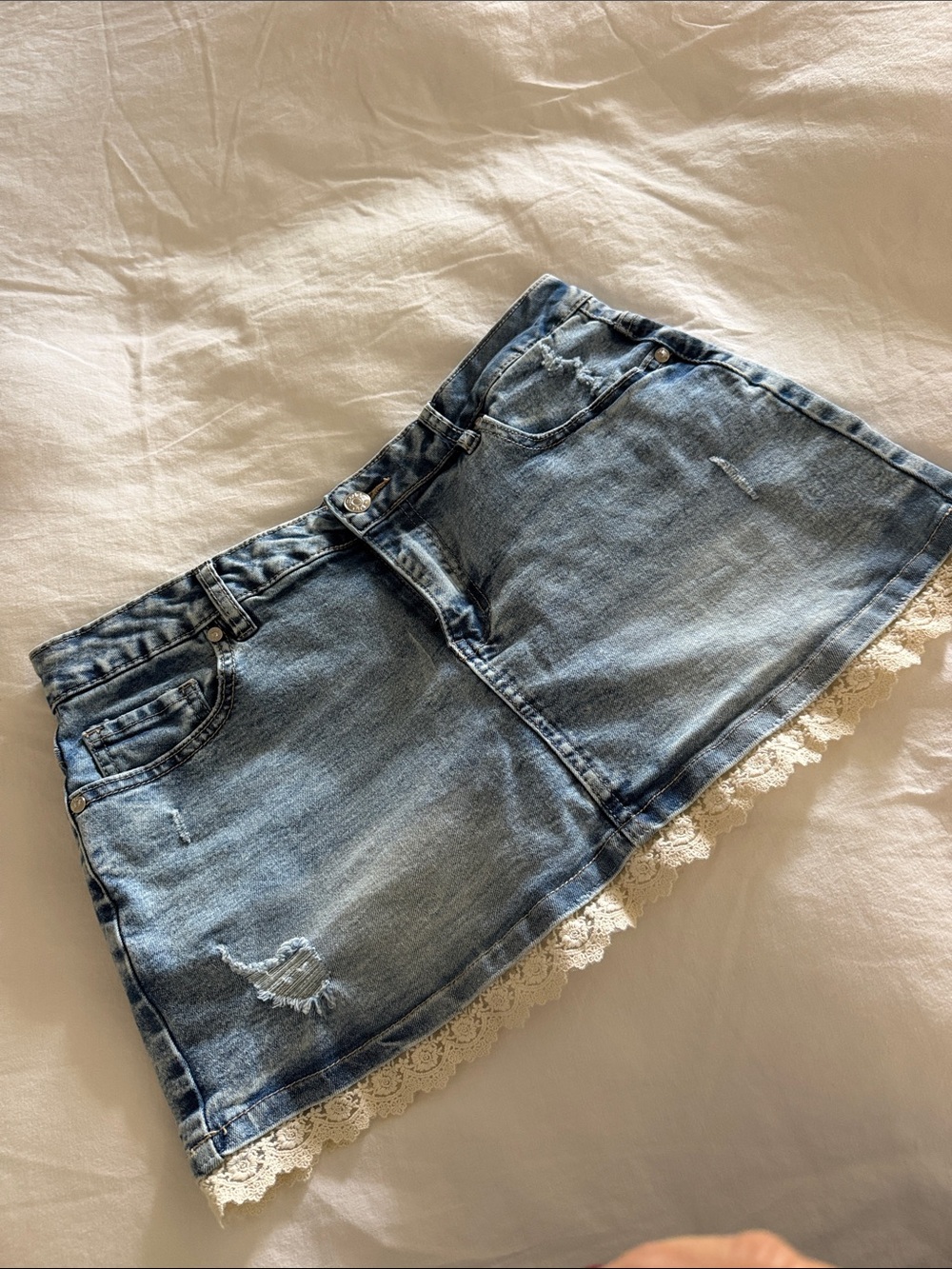 Madden Girl Light Blue Denim Mini Skirt with Cream Lace Hem